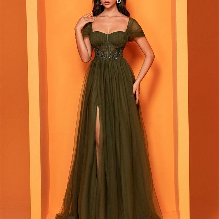 Elegant Cocktail Evening Dress in olive green, a stylish choice for formal fashion occasions