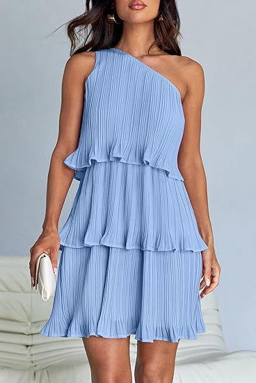 Light blue stunning shoulder layered stitching hem pleated sleeveless dress