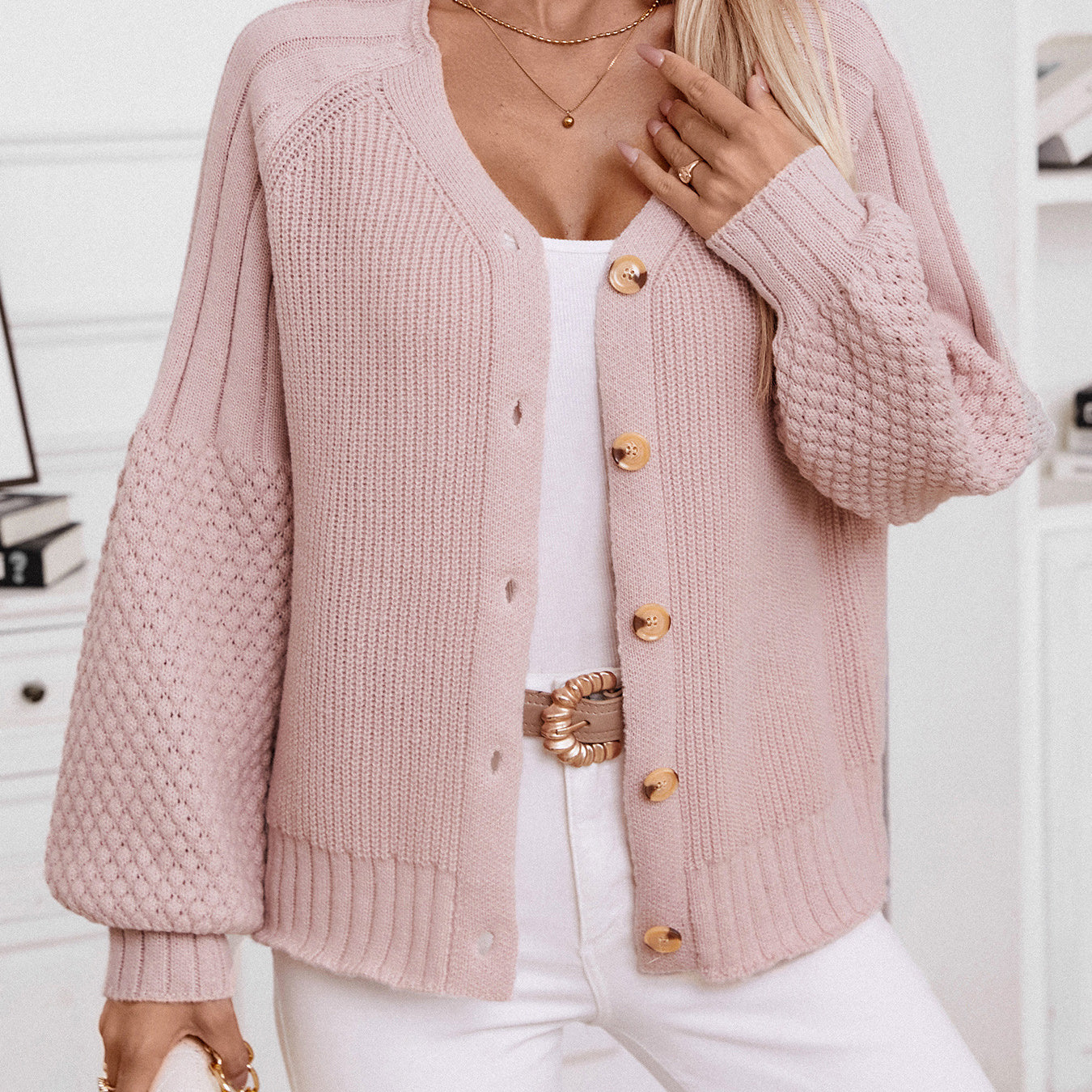 Pink knitted cardigan casual loose lantern sleeve sweater for stylish comfort