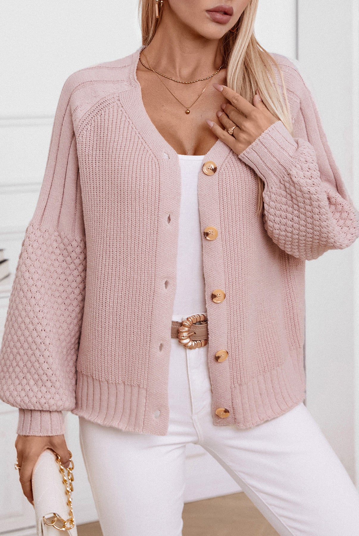 Pink knitted cardigan casual loose lantern sleeve sweater for stylish comfort
