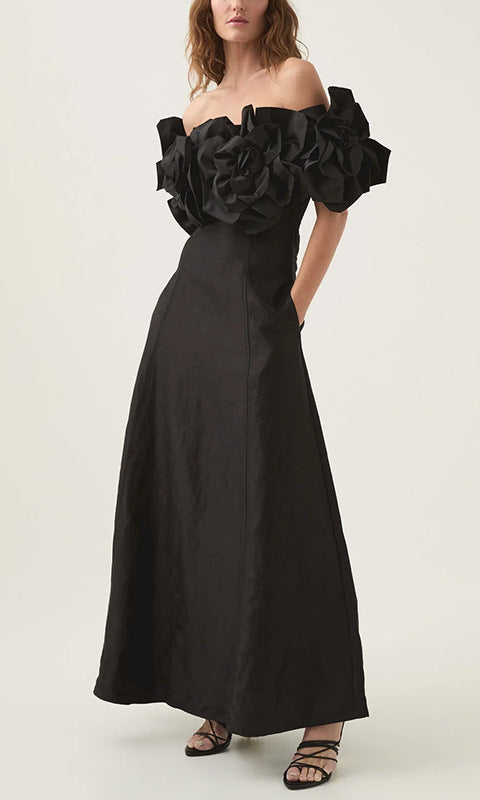 Elegant Black Off-the-Shoulder Floral Gown - Graceful Tube Top Maxi Dress for Fashion Lovers