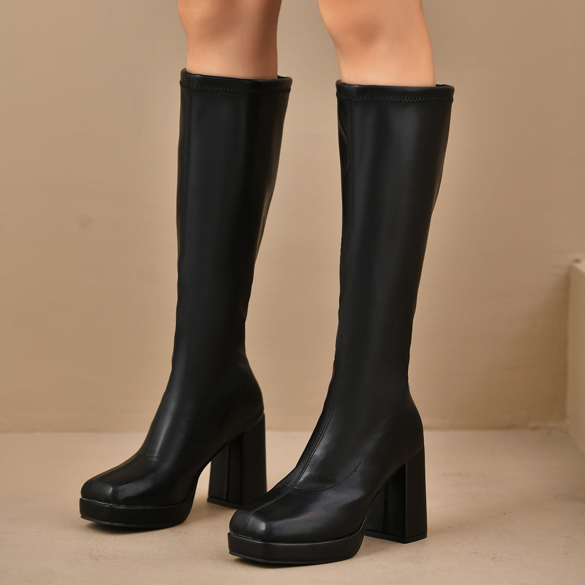 Leather Slimming Chunky Heel Below the Knee Knight Boots