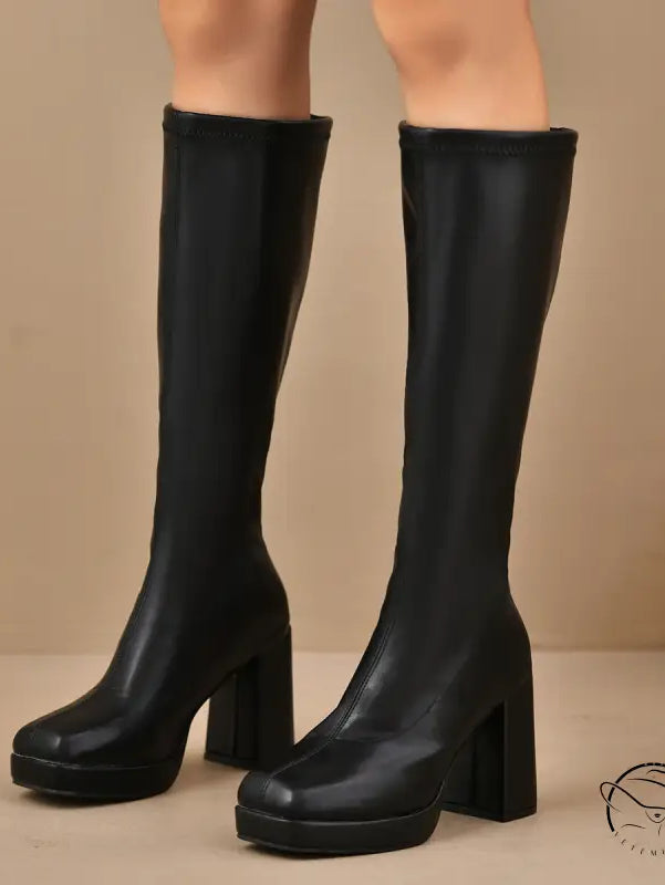 Leather Slimming Chunky Heel Below the Knee Knight Boots