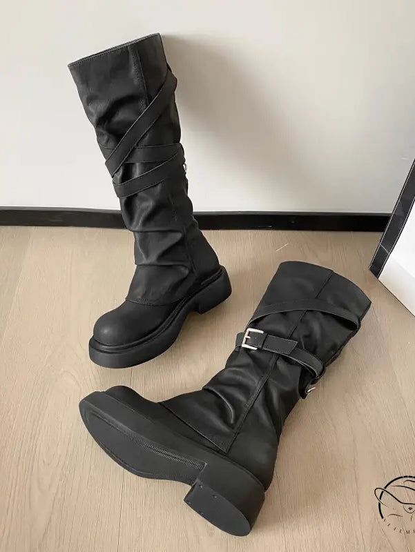 Waste Soil Brown Wrinkle High Tube Pile Long Boots