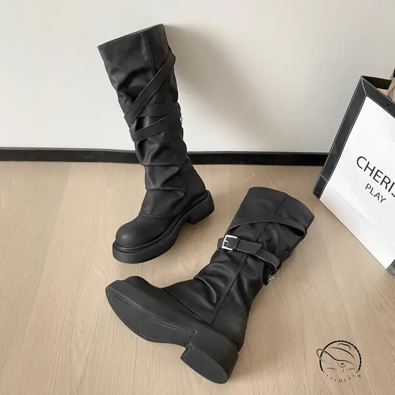 Waste Soil Brown Wrinkle High Tube Pile Long Boots