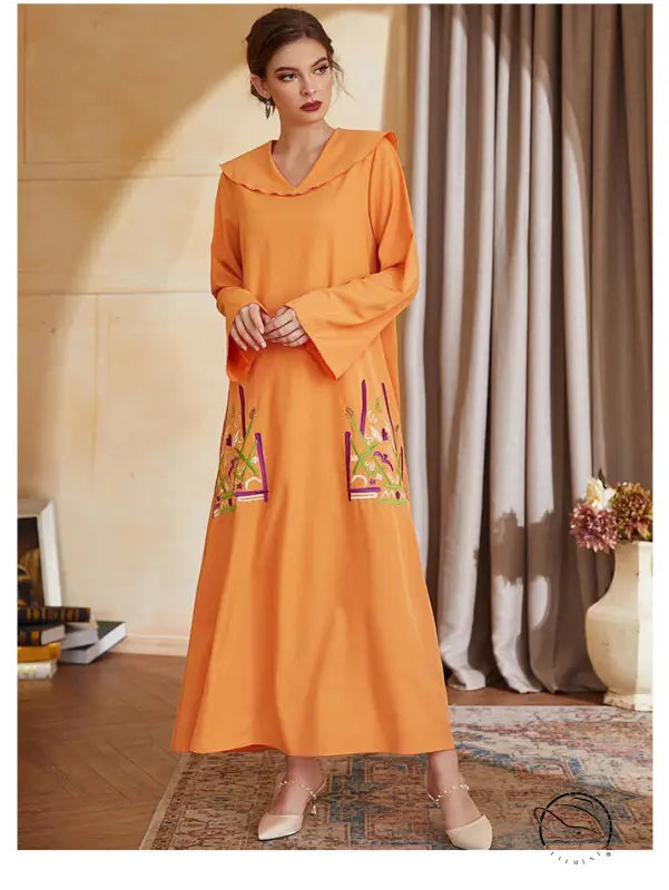Beautiful langry fashion orange embroidered abaya with bell sleeves and scalloped V neckline