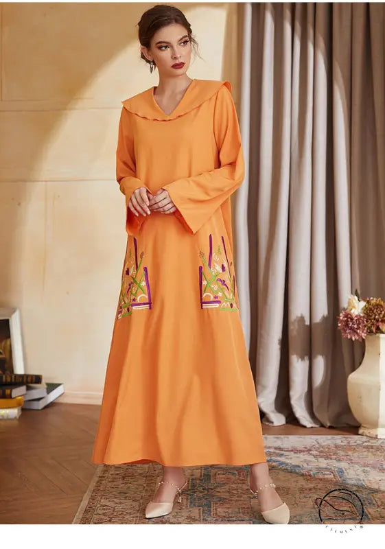 Beautiful langry fashion orange embroidered abaya with bell sleeves and scalloped V neckline