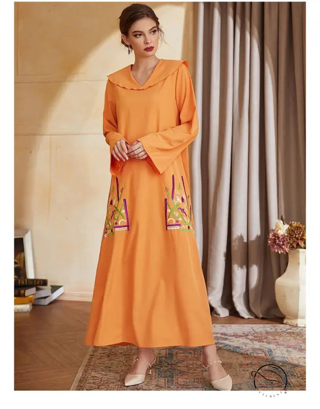 Beautiful langry fashion orange embroidered abaya with bell sleeves and scalloped V neckline