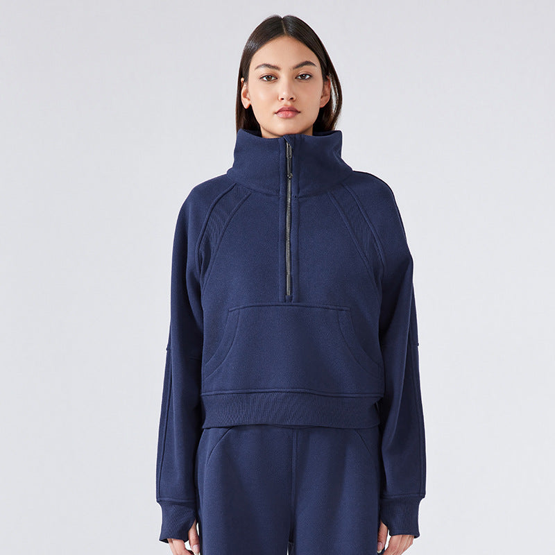 Navy blue half-zip sweatshirt for women, perfect for autumn winter outdoor exercise fashion