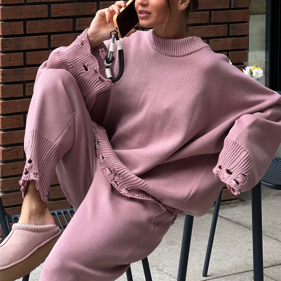 Winter Knitted Ankle Tight Pants Turtleneck Sweater Set