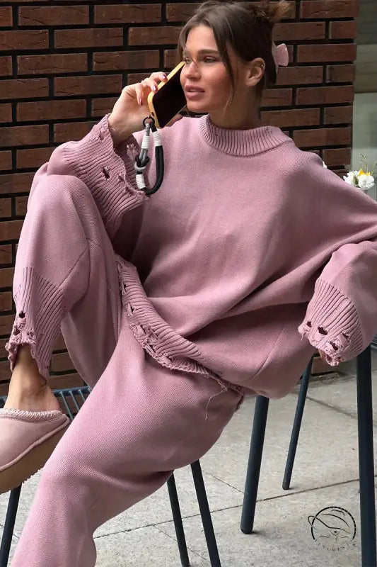 Winter Knitted Ankle Tight Pants Turtleneck Sweater Set