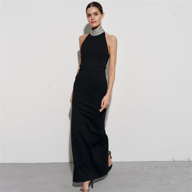 Elegant black halter gown with embellished collar showcasing sophisticated langry fashion style