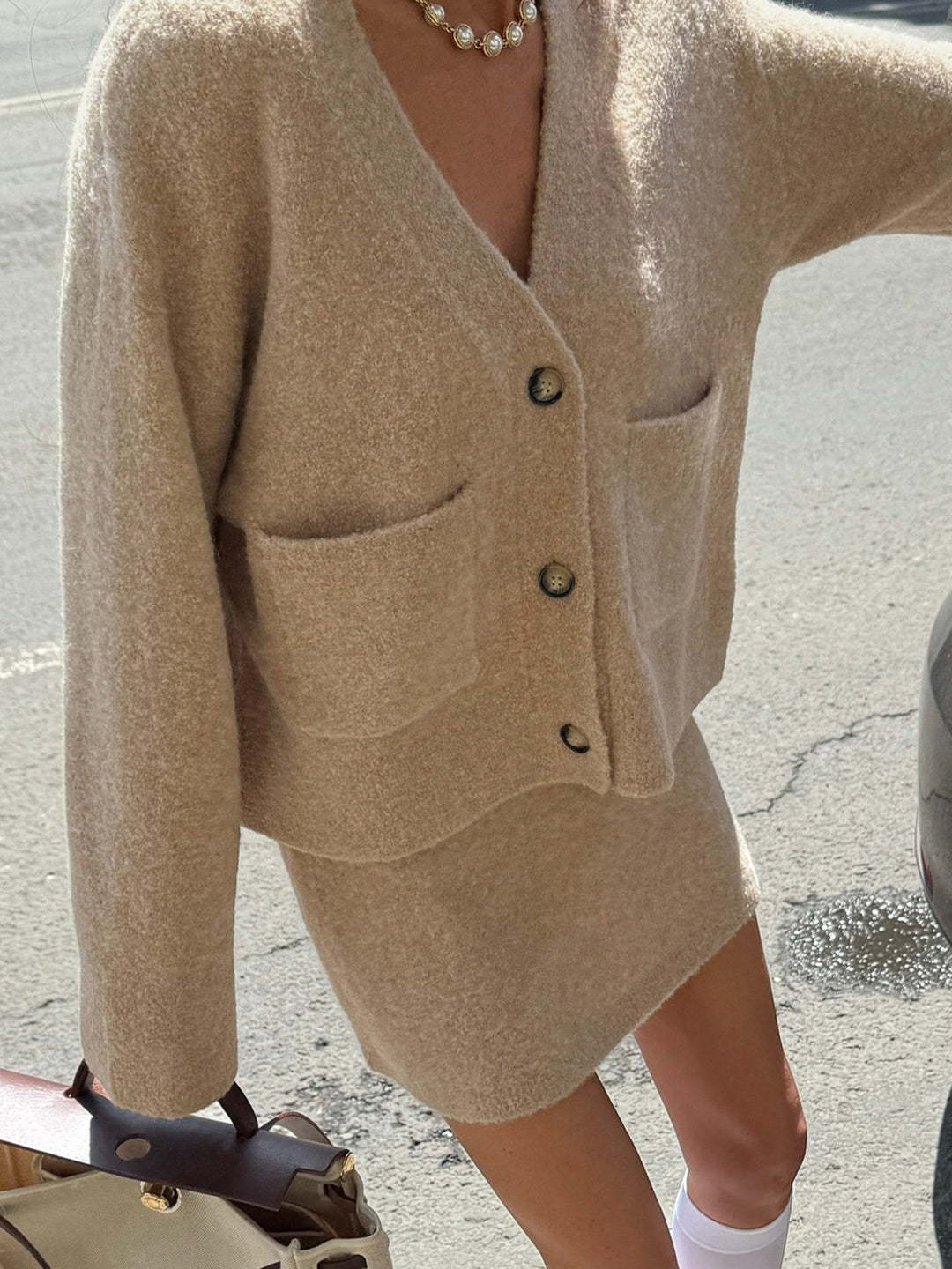 Beige tweed Langry fashion two-piece set with pearls and white socks