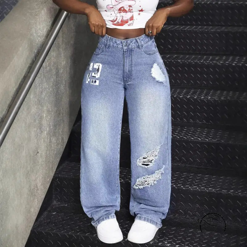 Ripped baggy match denim long jeans for versatile style