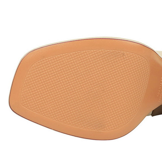 Fashionable langry tan leather high heel sandal with floral heel design