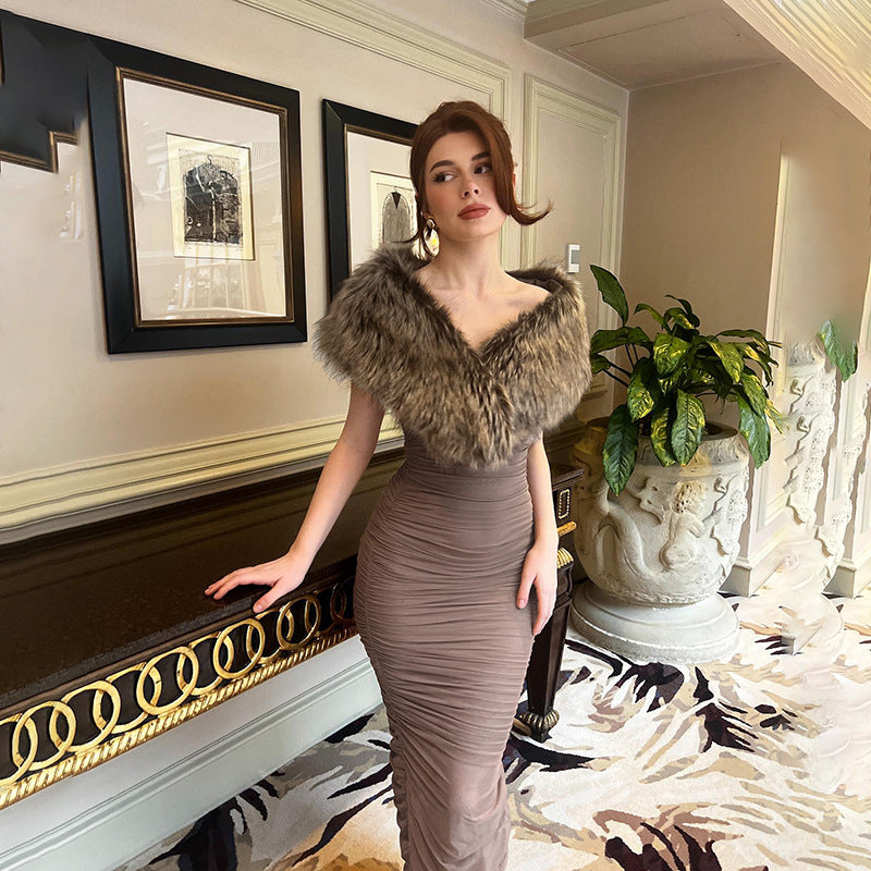 Elegant Slim Fit Furry Off Shoulder Tube Top Shawl Dress in mauve, perfect for stylish occasions