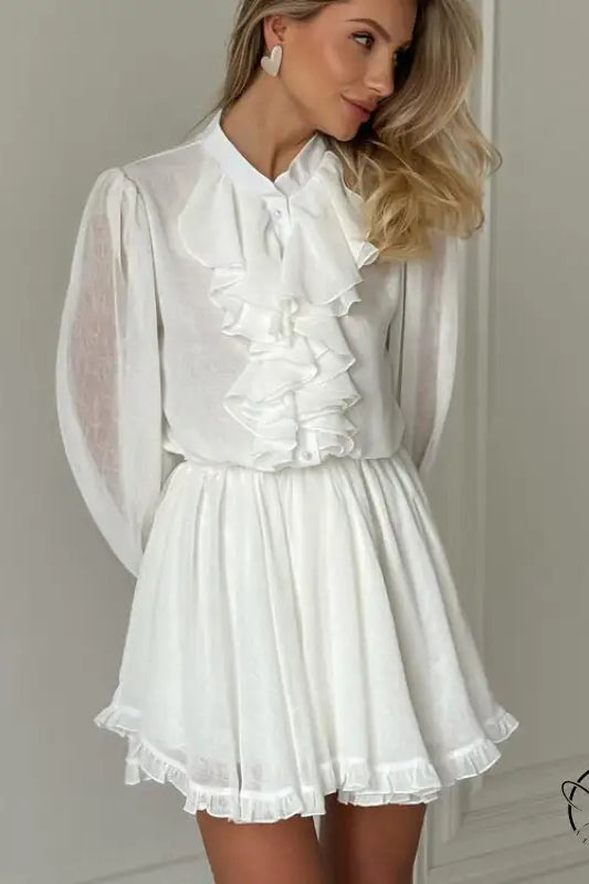 Elegant white ruffled mini dress in Langry fashion ملابس