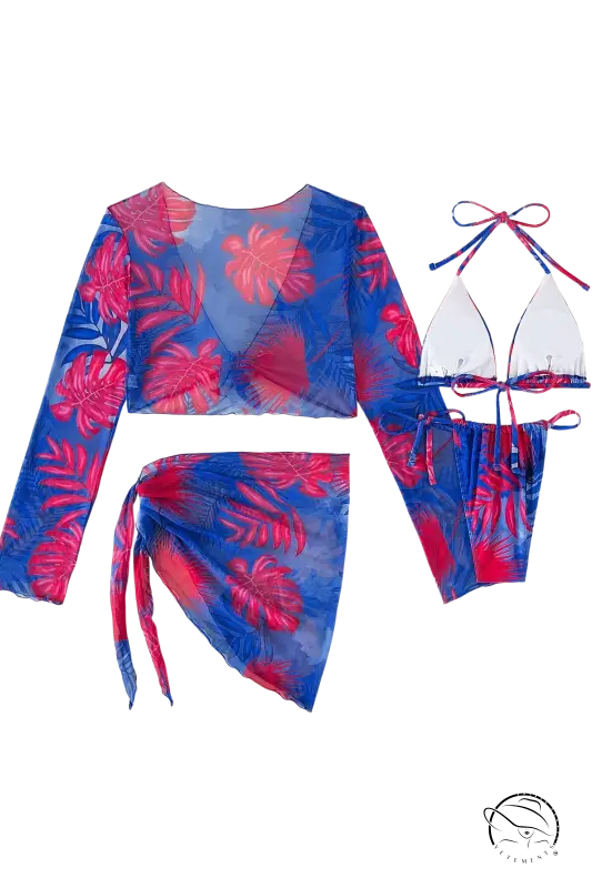 Four piece lace up swimsuit with blue and red tropical leaf print