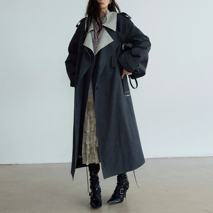 Langry casual trench coat: charcoal gray oversized with black leather accents
