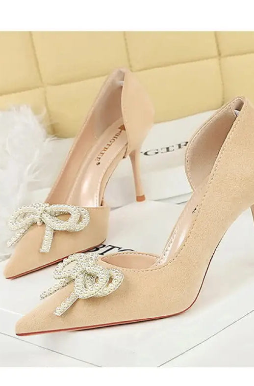 Cute Rhinestone Pearl Bow High Heels