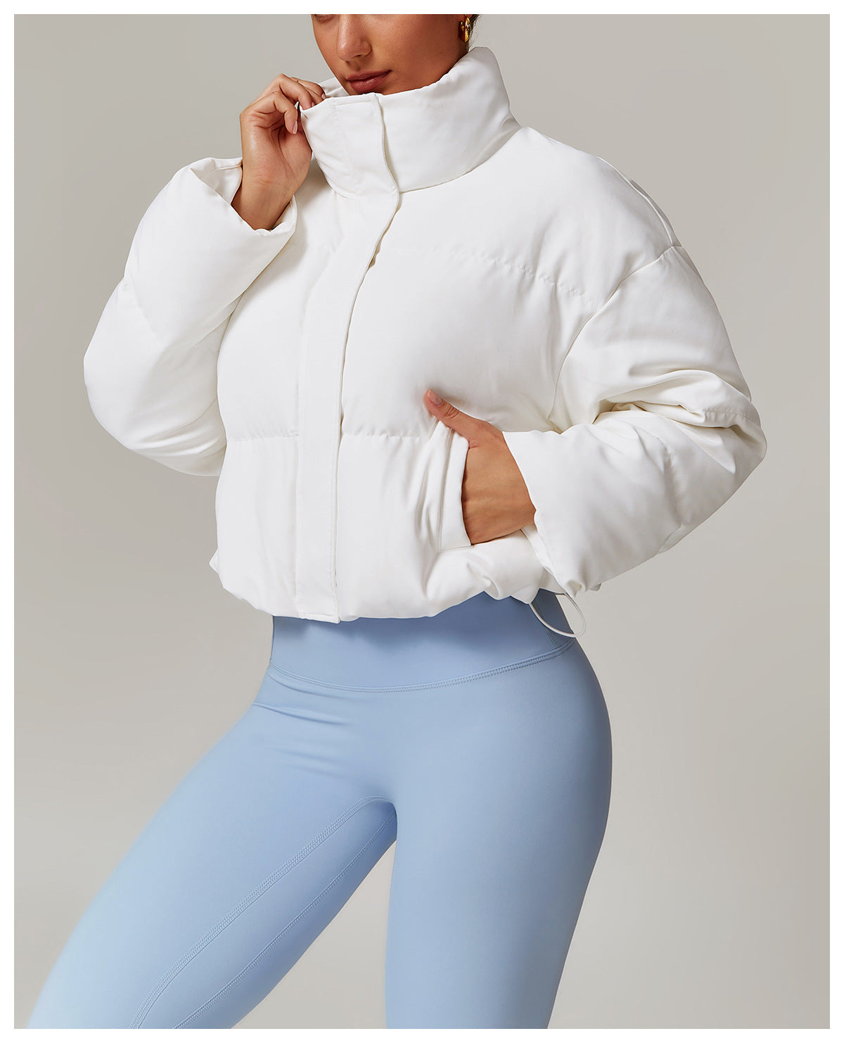 White puffer jacket with blue leggings from Comfortable Warm Jacket, stylish langry fashion symbolizing ملابس