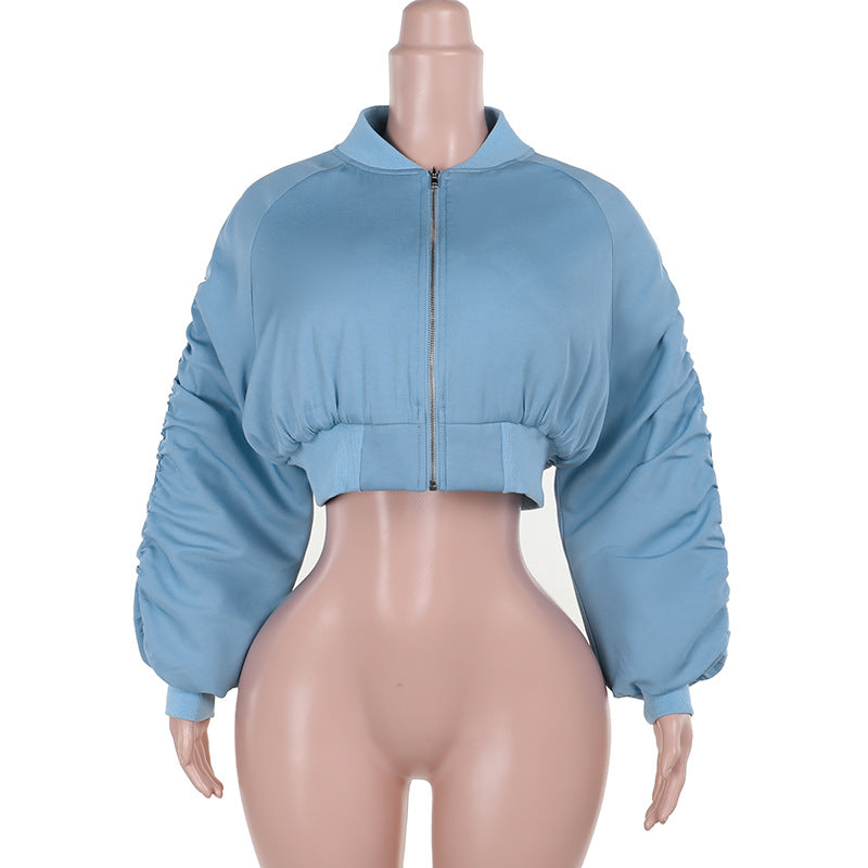 Light blue cropped bomber jacket from Langry’s Casual Solid Color Short Jacket collection