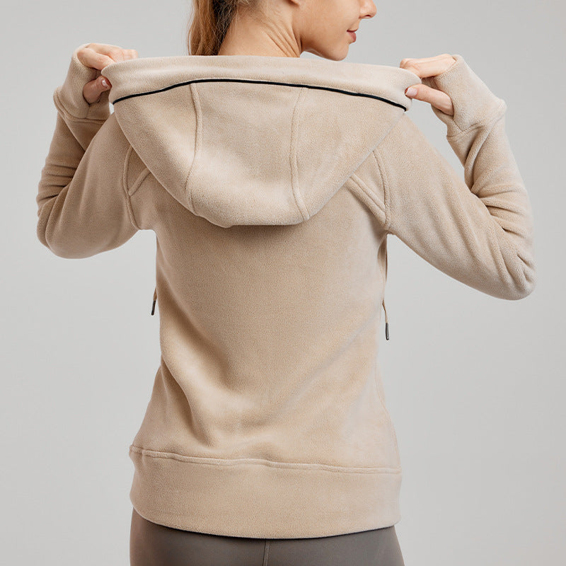 Beige hooded Thermal Workout Sweatshirt with black piping detail, perfect for Langry fashion