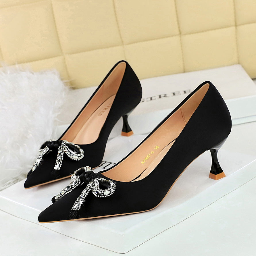 Langry fashion black satin stiletto heels with rhinestone bow