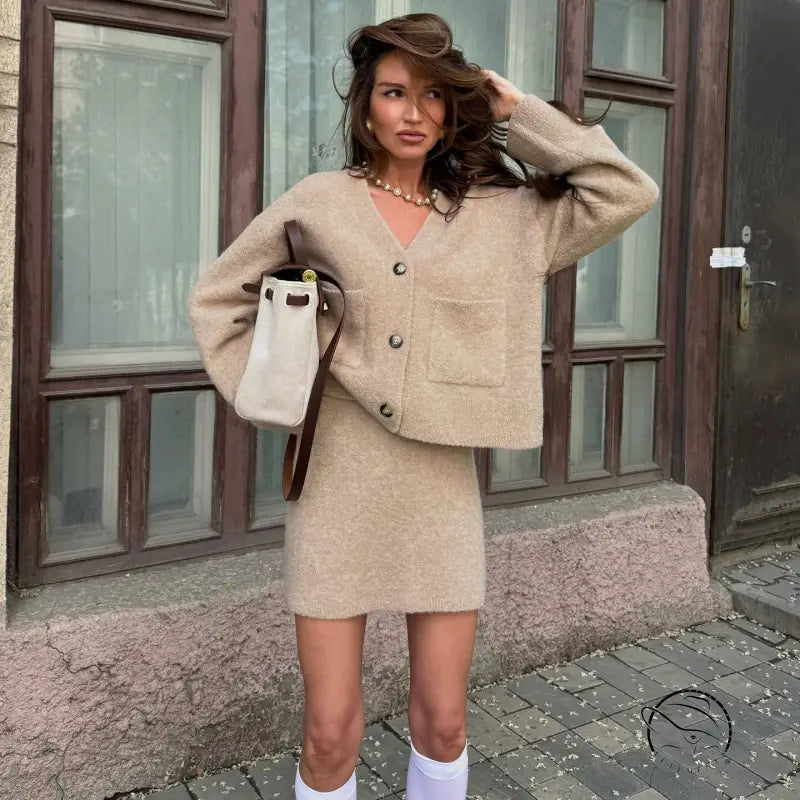 Langry fashion beige boucle mini dress with button front, white socks outfit