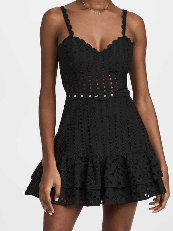 Black eyelet mini dress with spaghetti straps, perfect for summer fashion ملابس