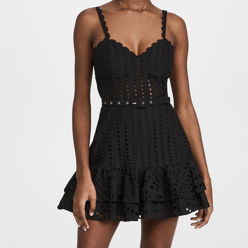Black eyelet mini dress with spaghetti straps, perfect for summer fashion ملابس