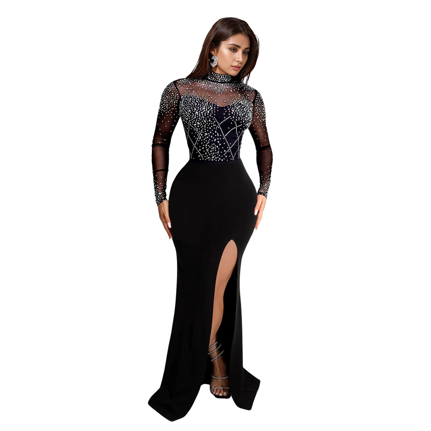 Elegant black maxi dress with embellished bodice and high slit for sophisticated fashion