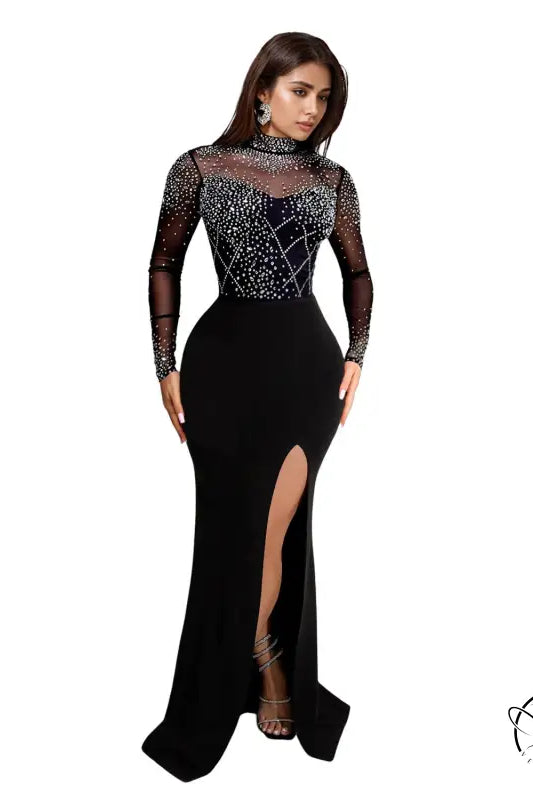 Elegant black amazing split maxi dress with embellished bodice and high slit
