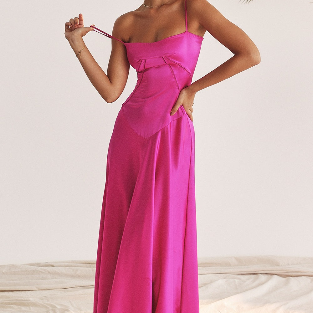 Fuchsia satin maxi dress, a stunning backless evening attire for stylish fashion choices
