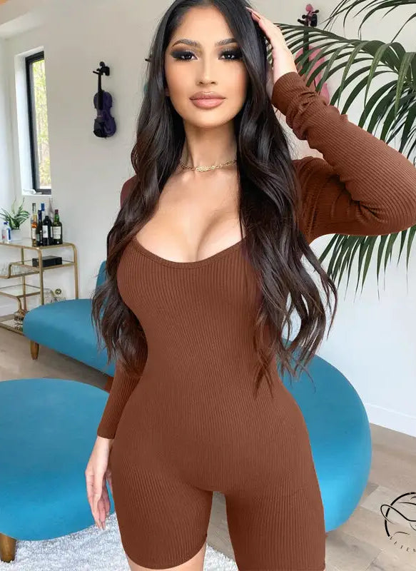 Women Clothing Winter Solid Color Rib u Neck Long Sleeved Slim Fit Hip Raise Sports Jumpsuit