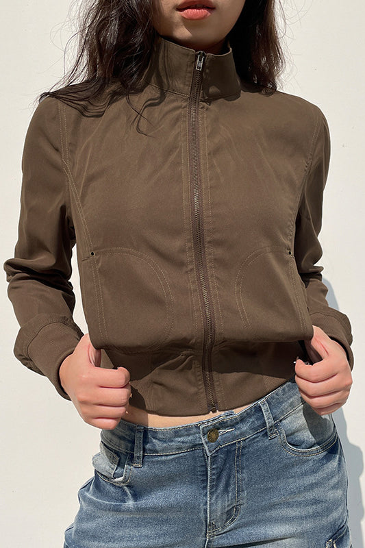Vintage brown zipper turtleneck slimming jacket in langry fashion ملابس