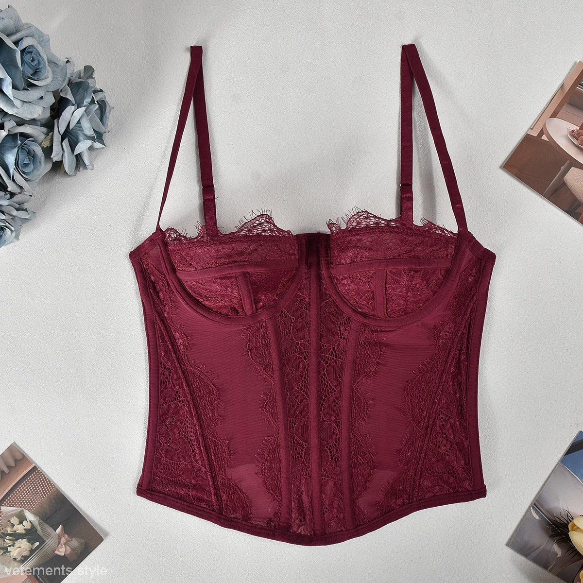 Burgundy lace-trimmed corset top as sexy body shaping outerwear for flattering silhouette