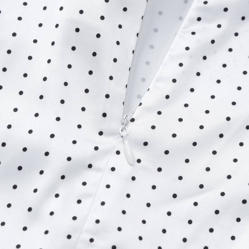 White fabric with black polka dots and zipper on sexy sling slim-fit midi dress