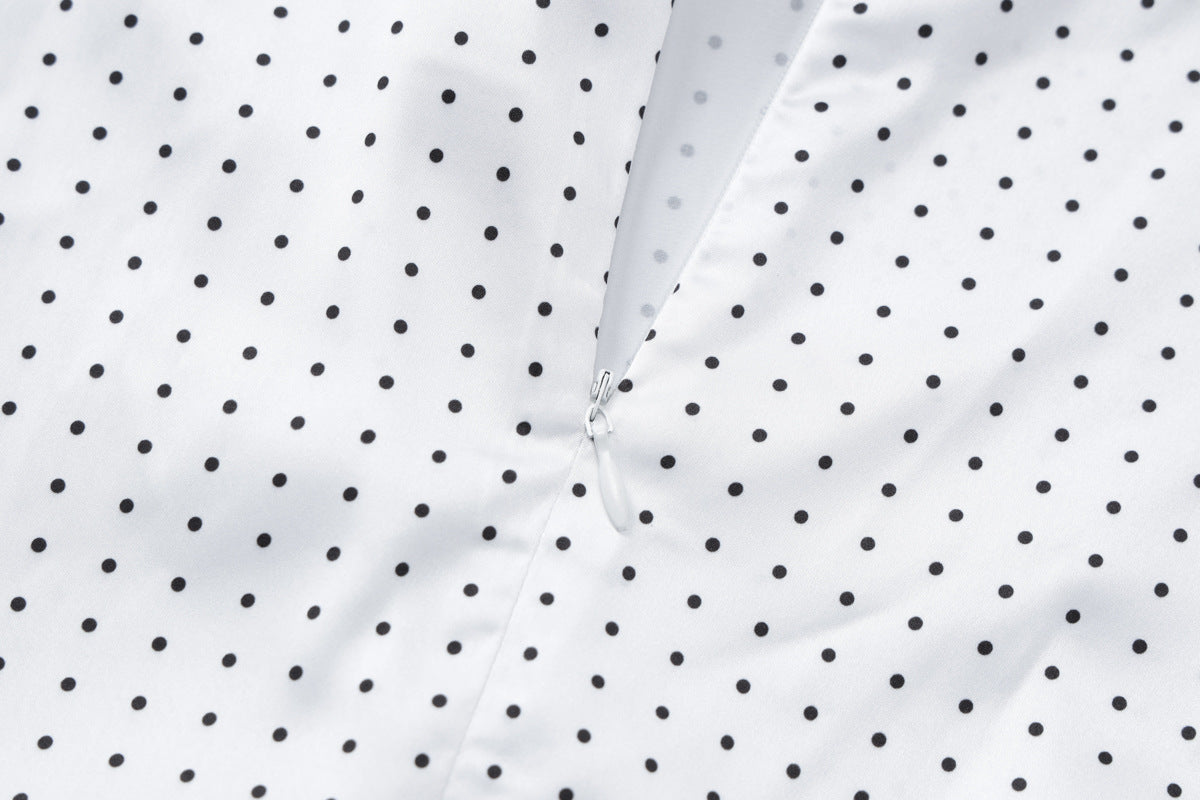 White fabric with black polka dots and zipper on sexy sling slim-fit midi dress
