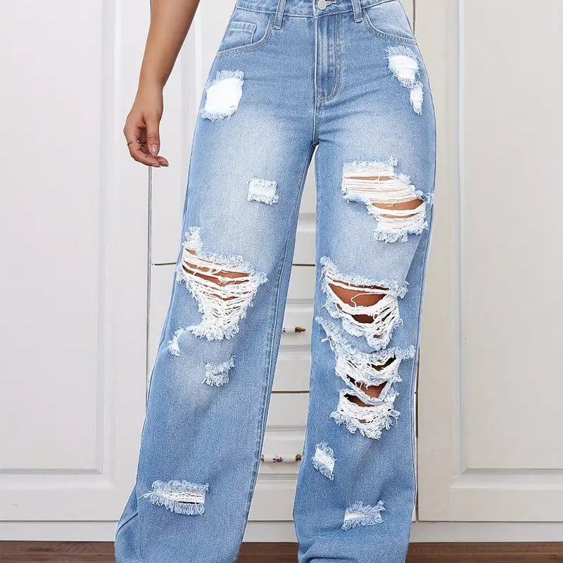 Langry fashion ripped washed high waist straight loose denim trousers with distressed holes in light blue material