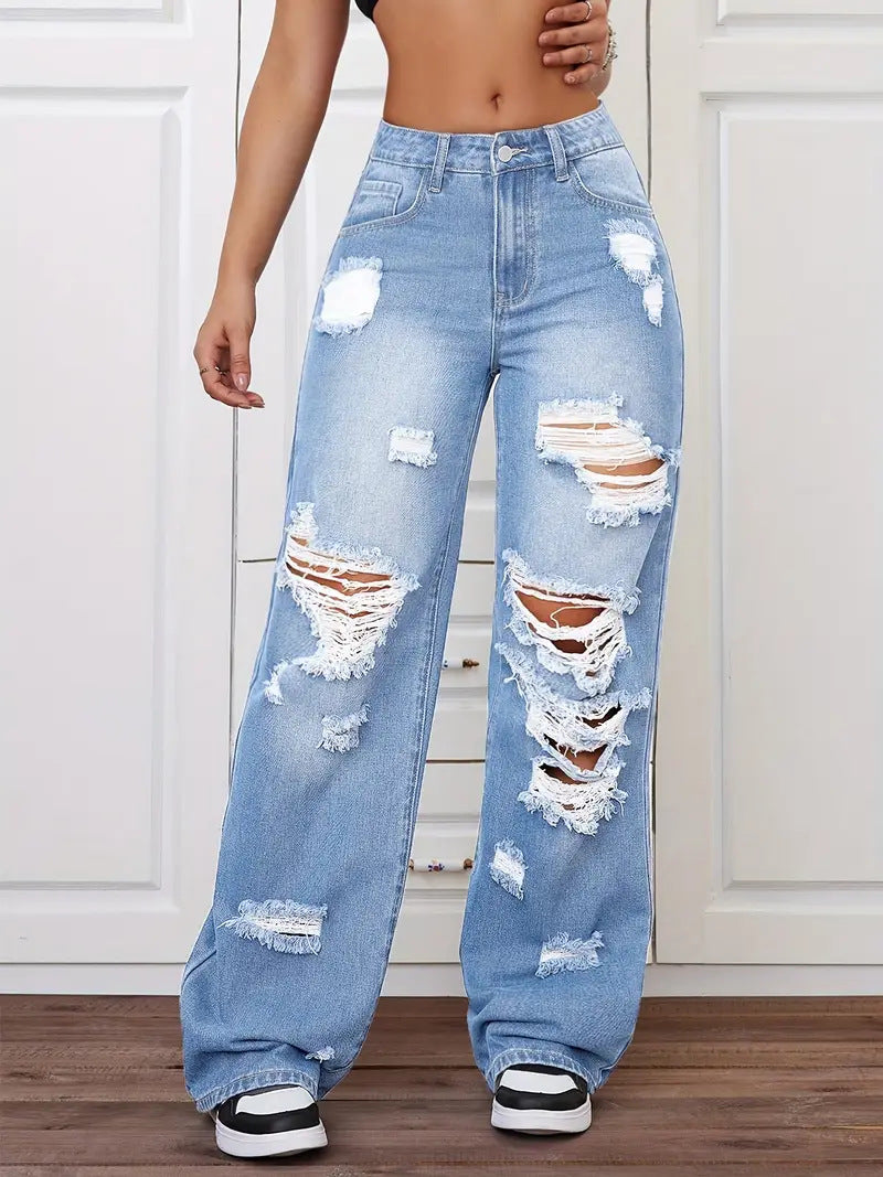 Langry fashion ripped washed high waist straight loose denim trousers with distressed holes in light blue material