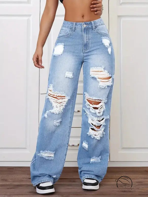 Ripped light blue denim jeans with distressed holes, langry fashion trousers