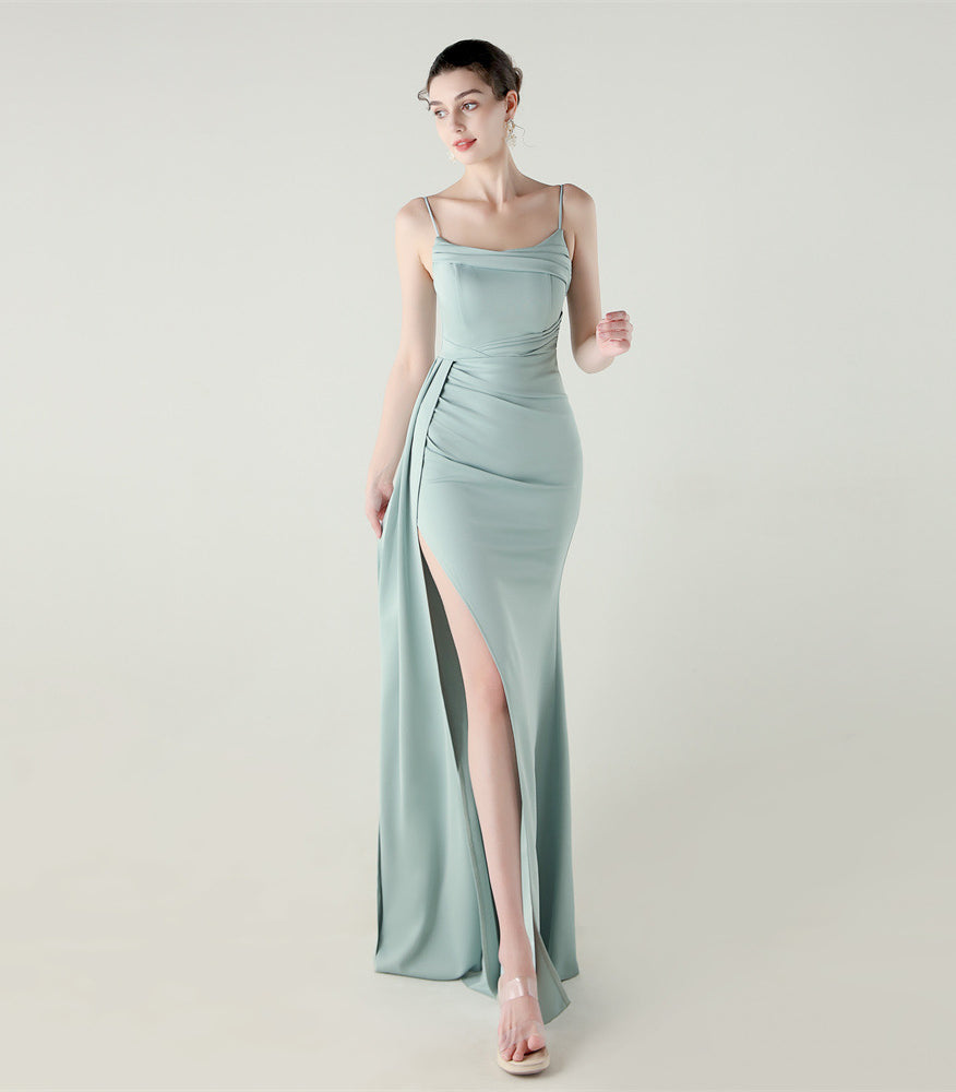 Elegant sage green satin langry fashion evening dress with high slit
