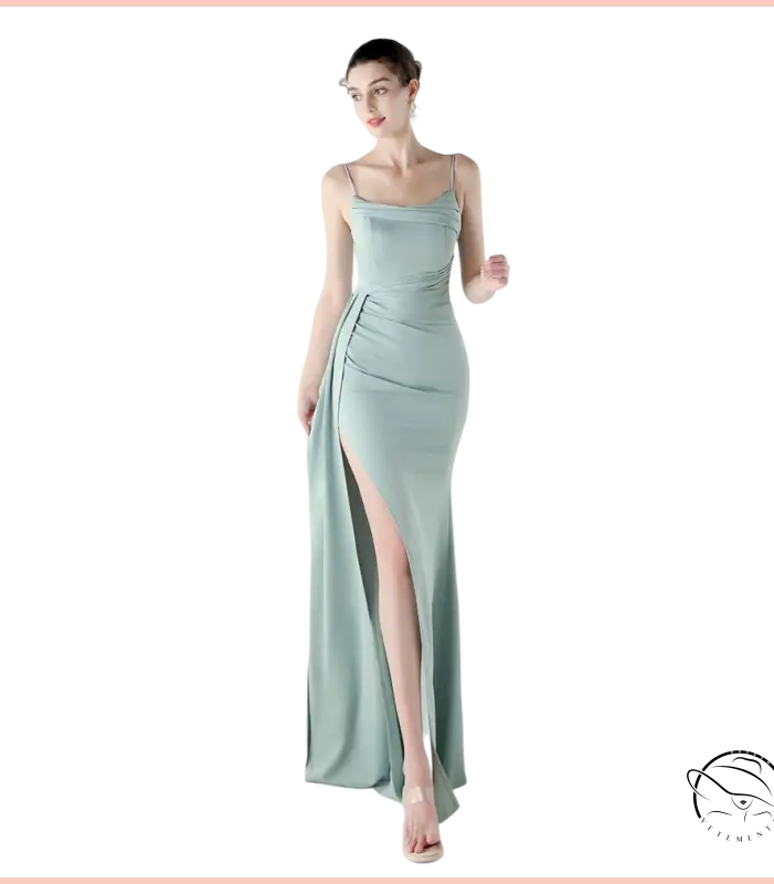 Elegant sage green satin langry evening dress with high slit