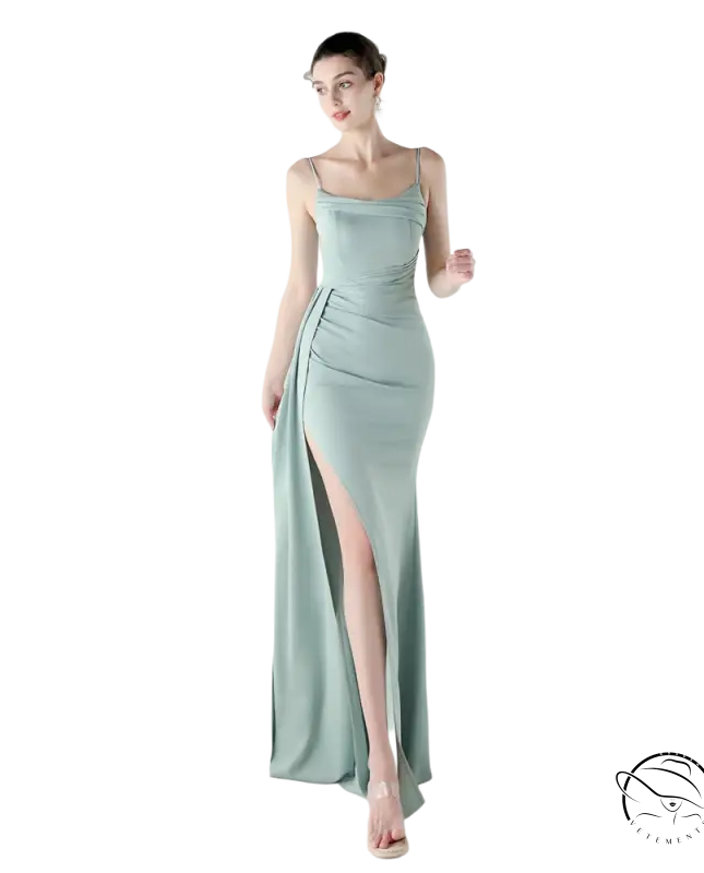Elegant sage green satin langry evening dress with high slit
