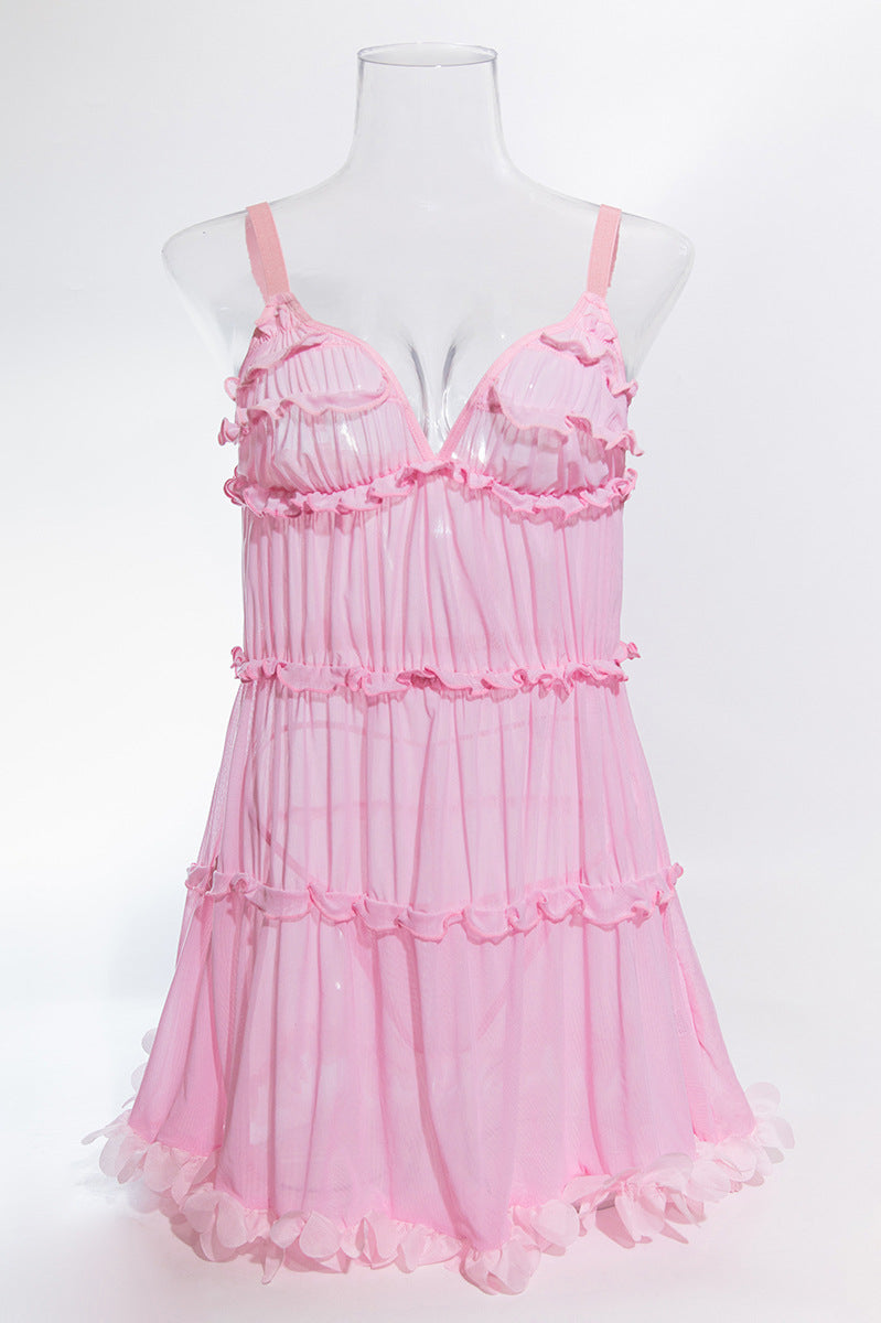 Pink Langry Fashion Chiffon Nightgown with Lace Trim