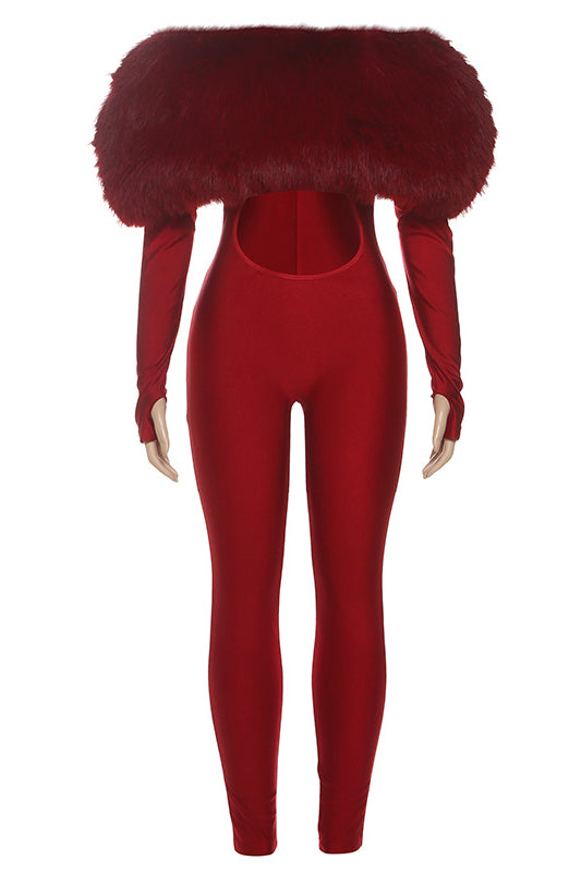 Red fur-trimmed off-shoulder long sleeve furry stitching cropped jumpsuit