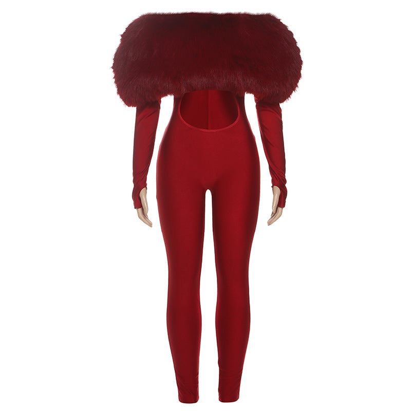 Red fur-trimmed off-shoulder long sleeve furry stitching cropped jumpsuit