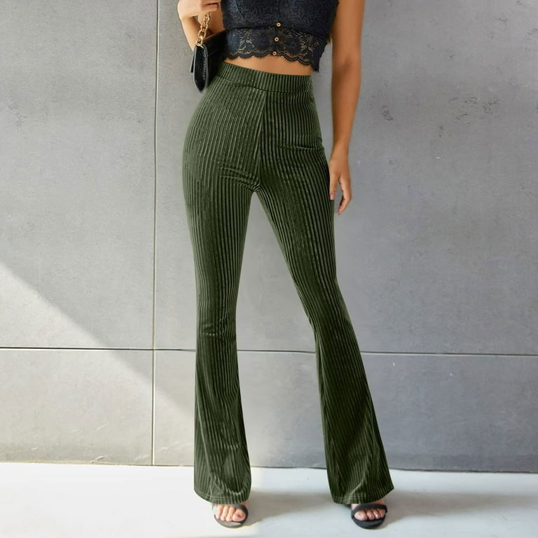 Green velvet flared pants with high waist pleuche and sunken stripe design