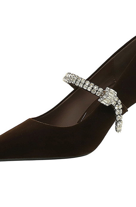 Elegant brown velvet Mary Jane high heel with rhinestone strap by Langry fashion